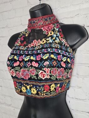 Sherri Hill Black Fully Embroidered Floral High-Neck Crop Top